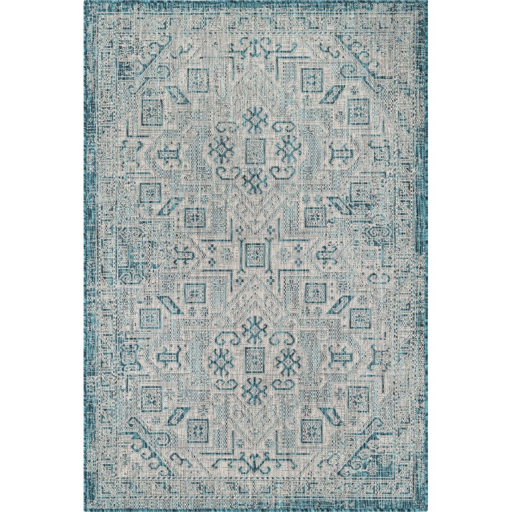 Rug Unique Loom Outdoor Aztec Teal Rectangular 4' 0 x 6' 0