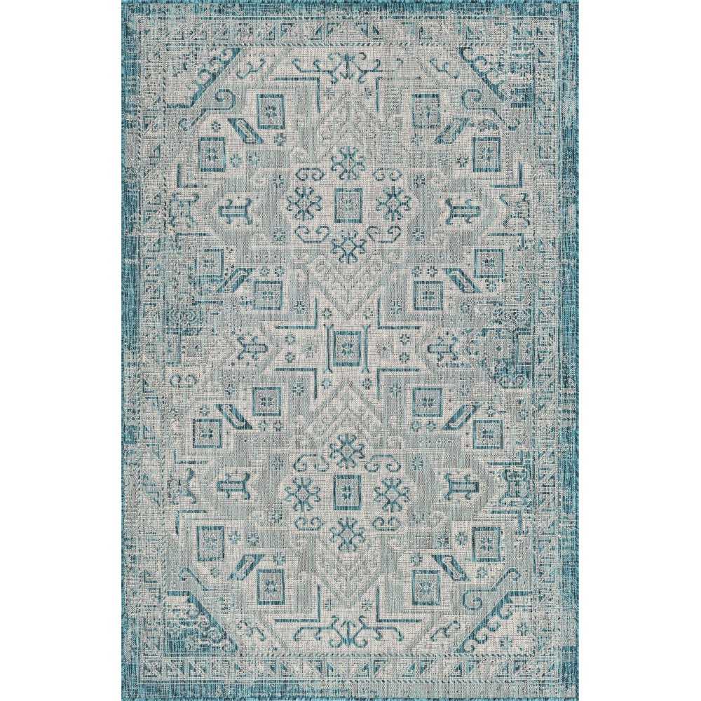 Rug Unique Loom Outdoor Aztec Teal Rectangular 5' 3 x 7' 10