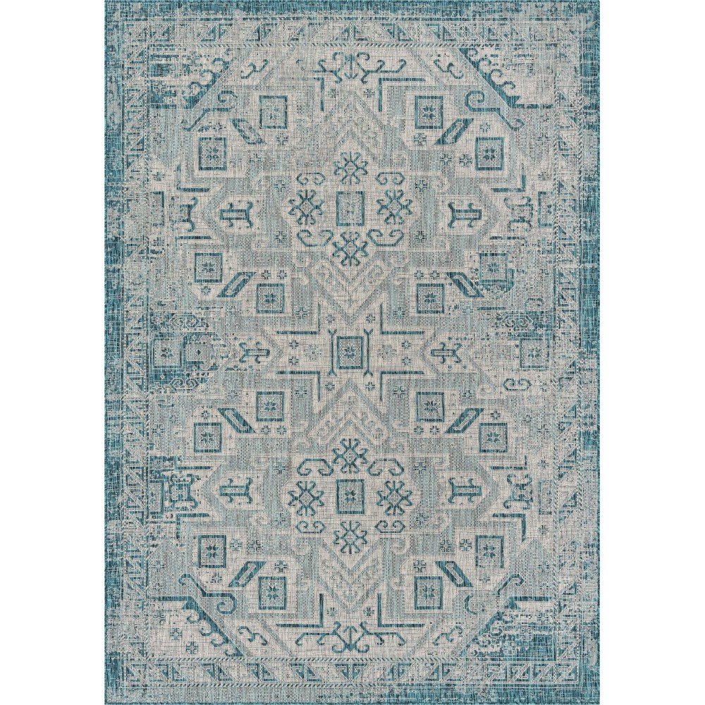 Rug Unique Loom Outdoor Aztec Teal Rectangular 7' 0 x 10' 0