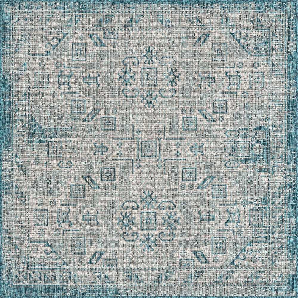 Rug Unique Loom Outdoor Aztec Teal Square 5' 3 x 5' 3