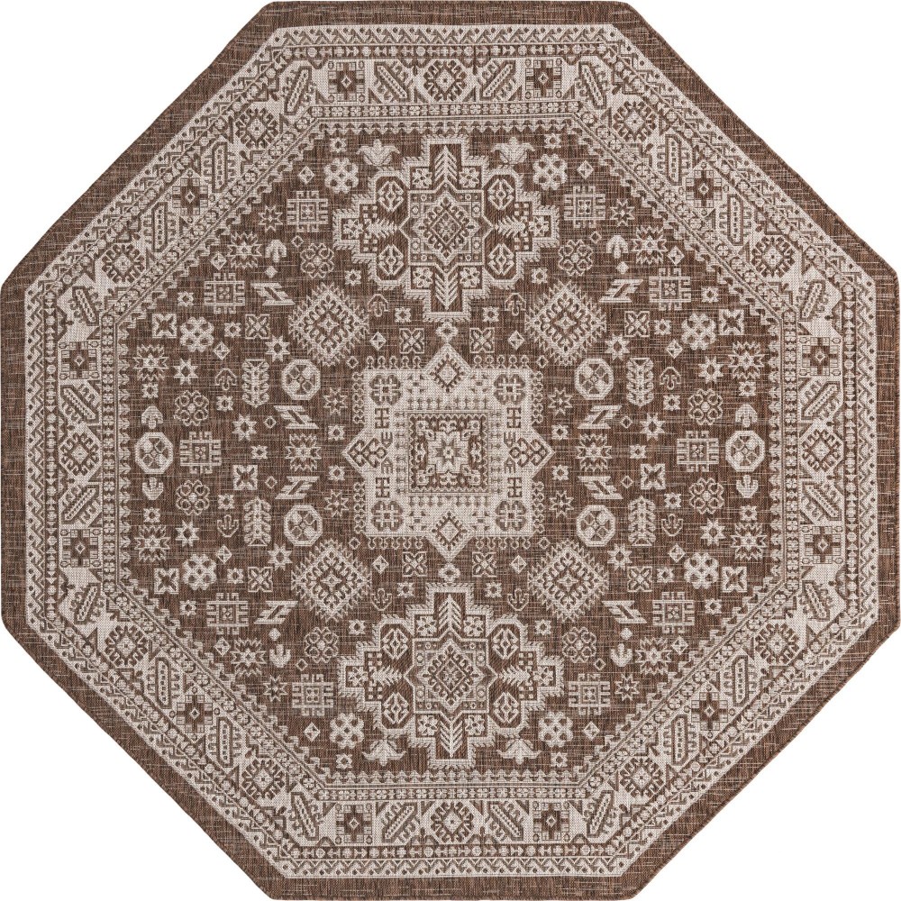 Rug Unique Loom Outdoor Aztec Brown Octagon 7' 10 x 7' 10