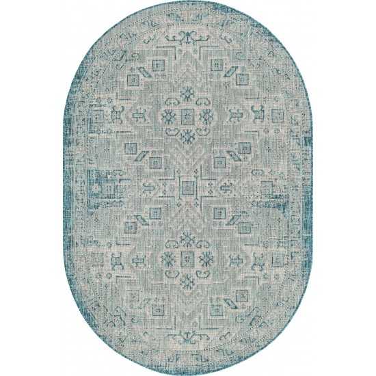 Rug Unique Loom Outdoor Aztec Teal Oval 5' 3 x 7' 10