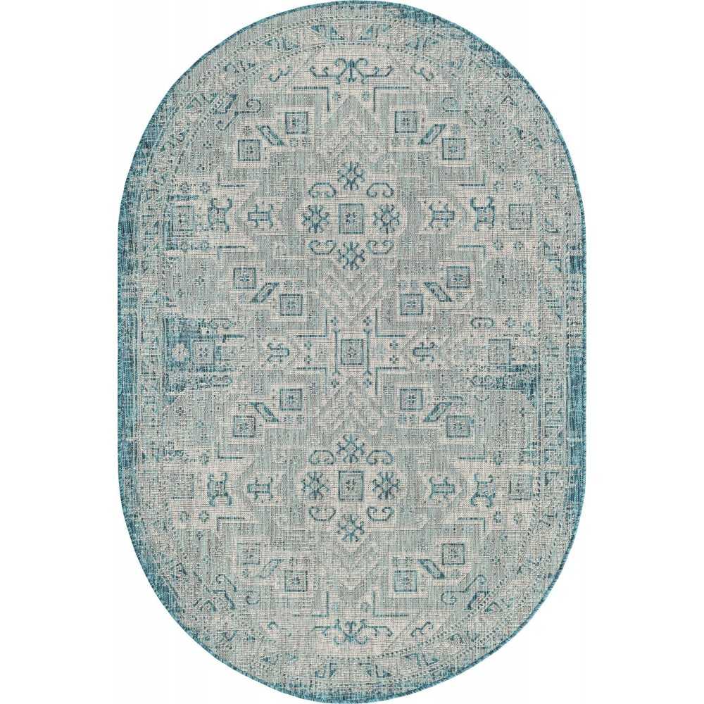 Rug Unique Loom Outdoor Aztec Teal Oval 5' 3 x 7' 10