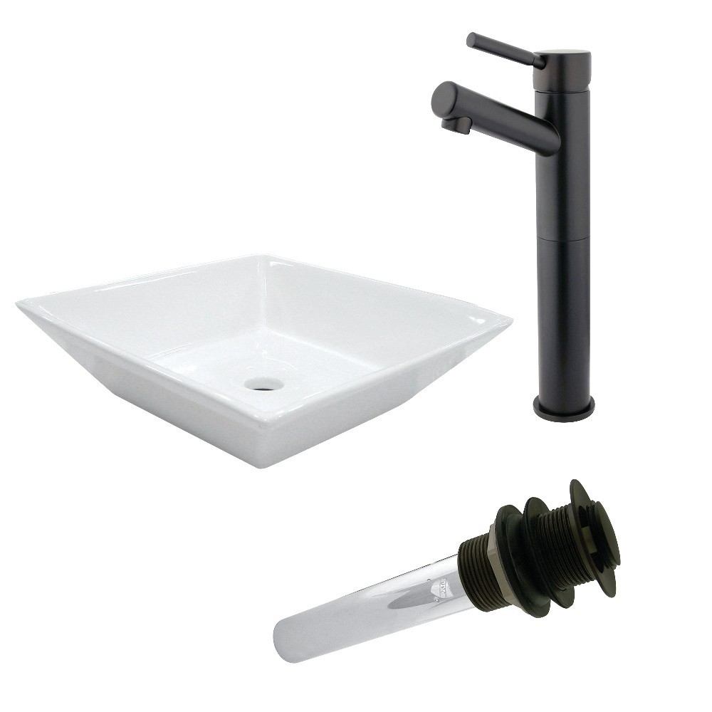 Kingston Brass Vessel Sink With Concord Sink Faucet and Drain Combo, White/Oil Rubbed Bronze