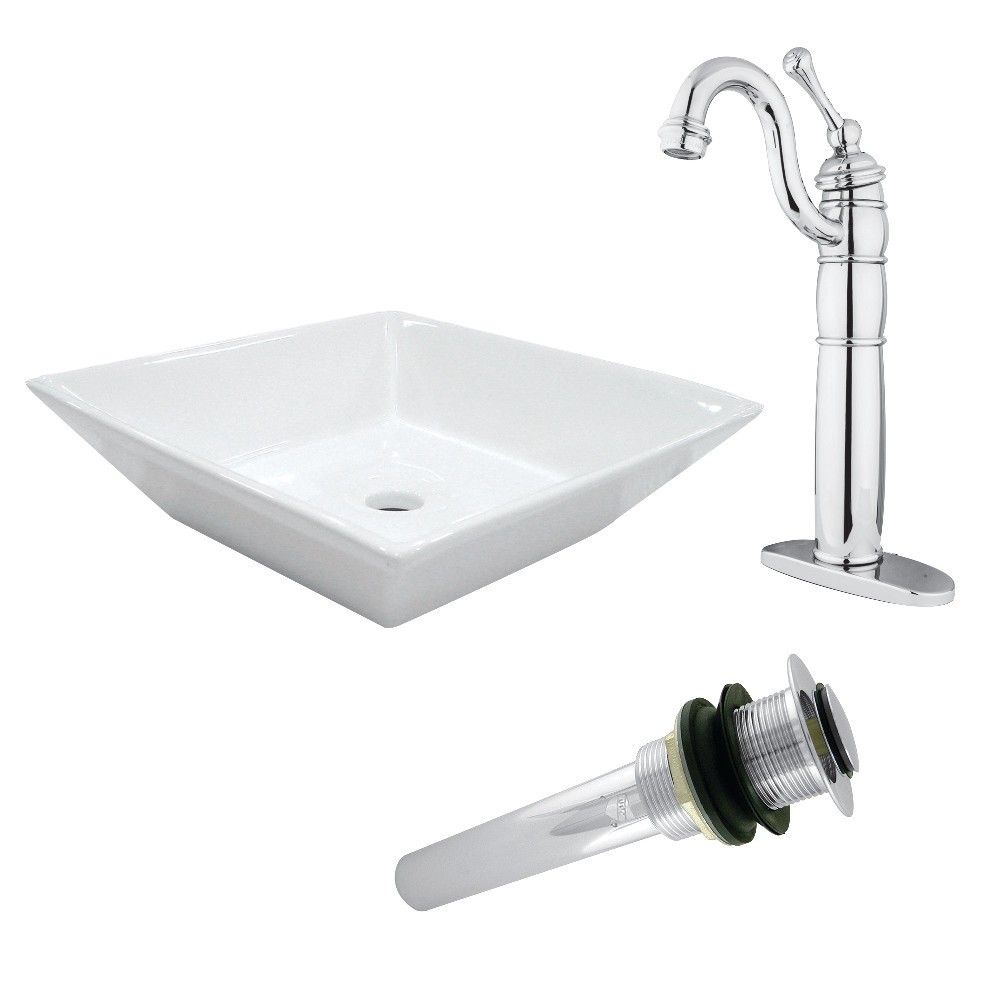 Kingston Brass Vessel Sink With Heritage Sink Faucet and Drain Combo, White/Polished Chrome
