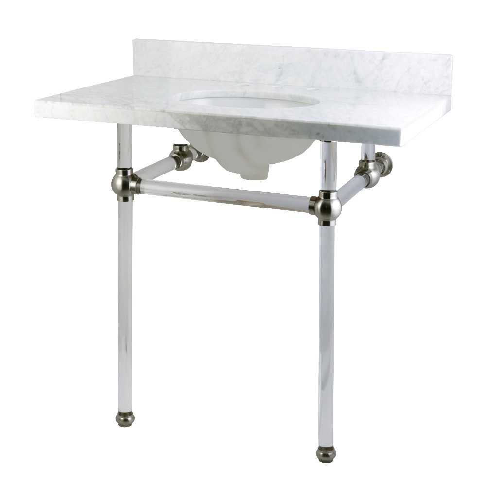 Templeton 36X22 Carrara Marble Vanity Top with Clear Acrylic Feet Combo, Carrara Marble/Brushed Nickel