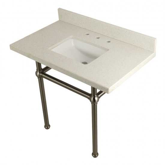 Templeton 36" x 22" White Quartz Console Sink with Brass Feet, White Quartz/Brushed Nickel