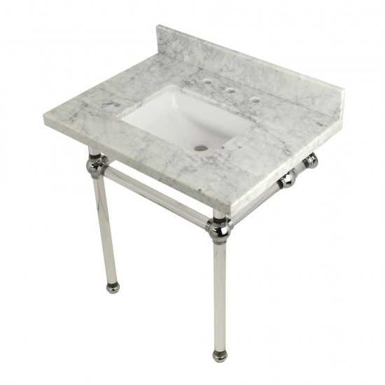 Templeton 30X22 Carrara Marble Vanity Top with Clear Acrylic Feet Combo, Carrara Marble/Polished Chrome