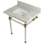 Templeton 30X22 Carrara Marble Vanity Top with Clear Acrylic Feet Combo, Carrara Marble/Brushed Brass