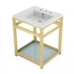 25-Inch Ceramic Console Sink (8-Inch, 3-Hole), White/Polished Brass