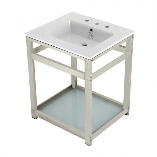 25-Inch Ceramic Console Sink (8-Inch, 3-Hole), White/Polished Nickel