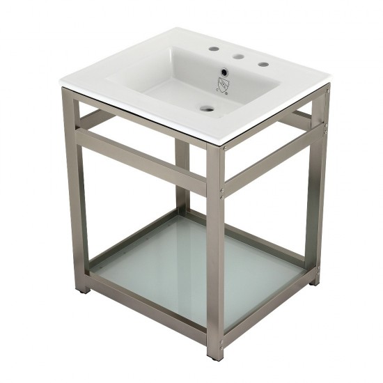 25-Inch Ceramic Console Sink (8-Inch, 3-Hole), White/Brushed Nickel