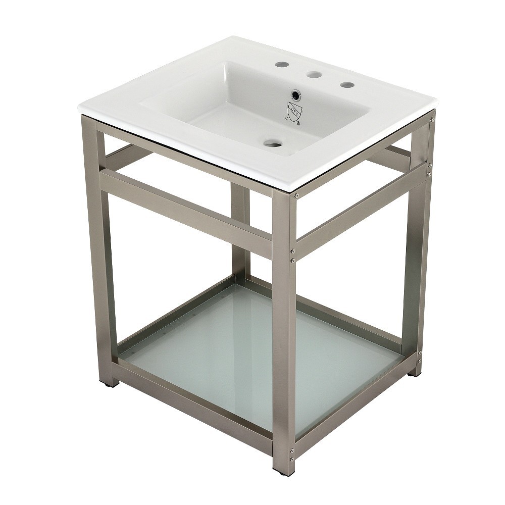 25-Inch Ceramic Console Sink (8-Inch, 3-Hole), White/Brushed Nickel