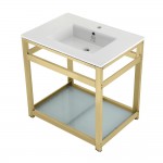 31-Inch Ceramic Console Sink (1-Hole), White/Polished Brass