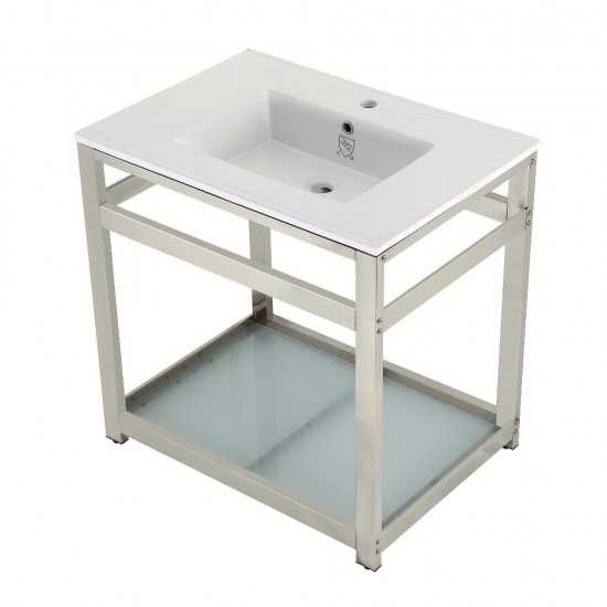 31-Inch Ceramic Console Sink (1-Hole), White/Polished Nickel