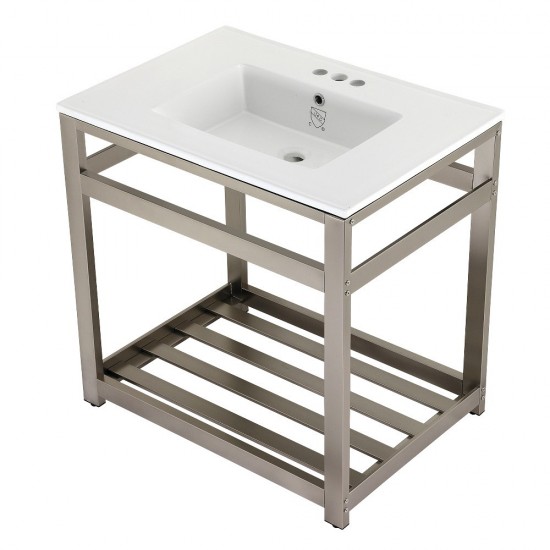 31-Inch Ceramic Console Sink (4-Inch, 3-Hole), White/Brushed Nickel