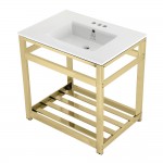 31-Inch Ceramic Console Sink (4-Inch, 3-Hole), White/Polished Brass