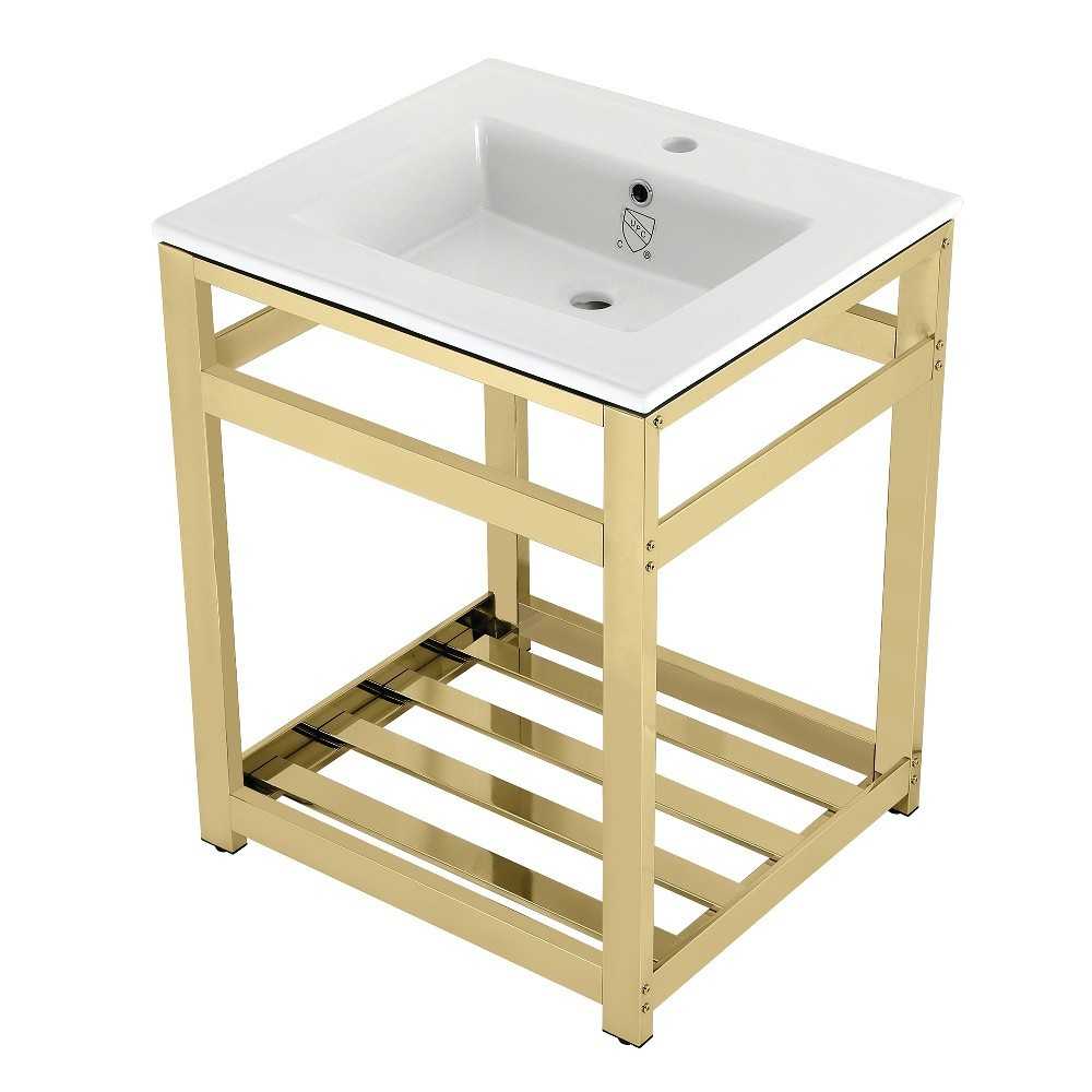 25-Inch Ceramic Console Sink (1-Hole), White/Polished Brass