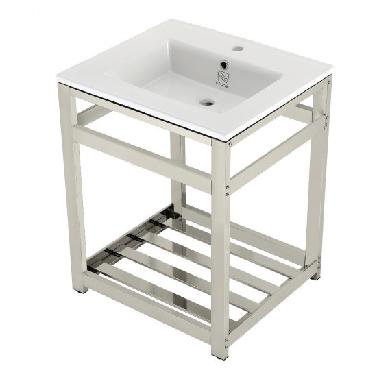 25-Inch Ceramic Console Sink (1-Hole), White/Polished Nickel