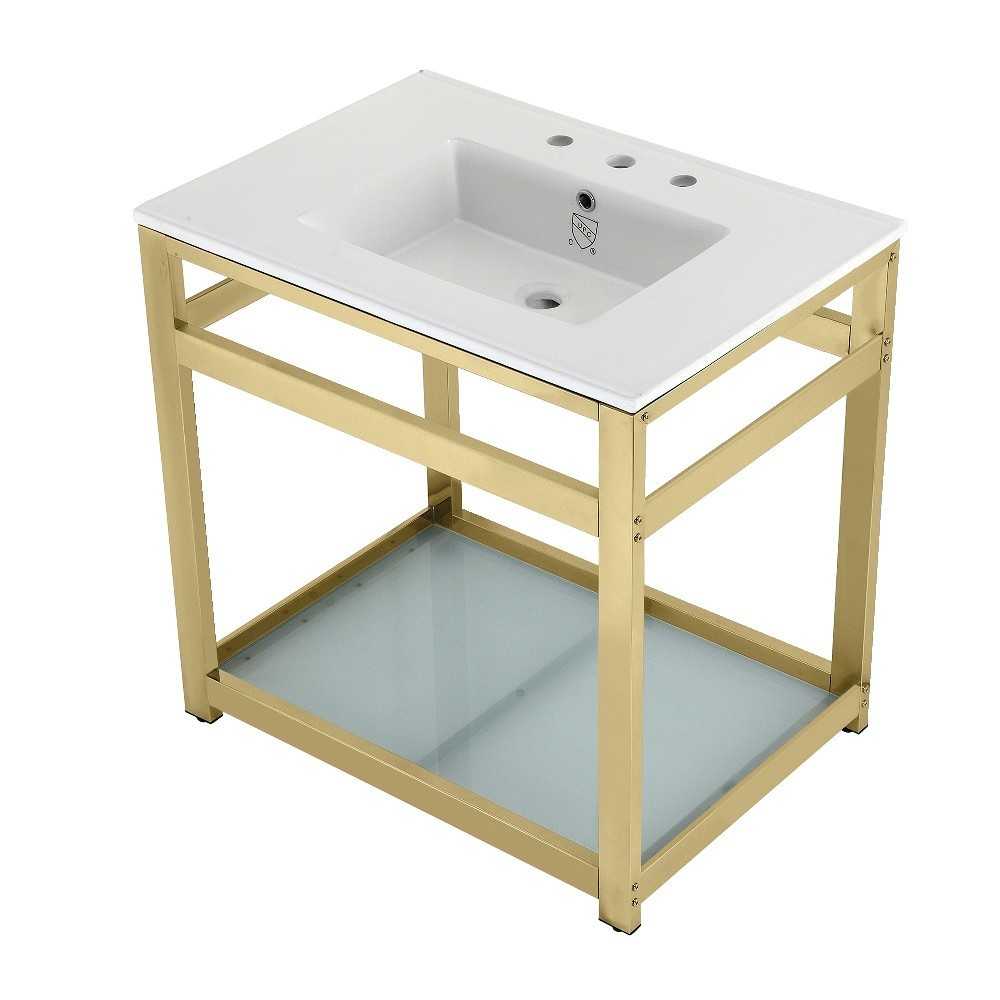 31-Inch Ceramic Console Sink (8-Inch, 3-Hole), White/Polished Brass
