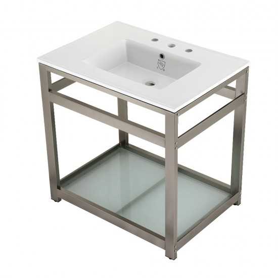 31-Inch Ceramic Console Sink (8-Inch, 3-Hole), White/Brushed Nickel