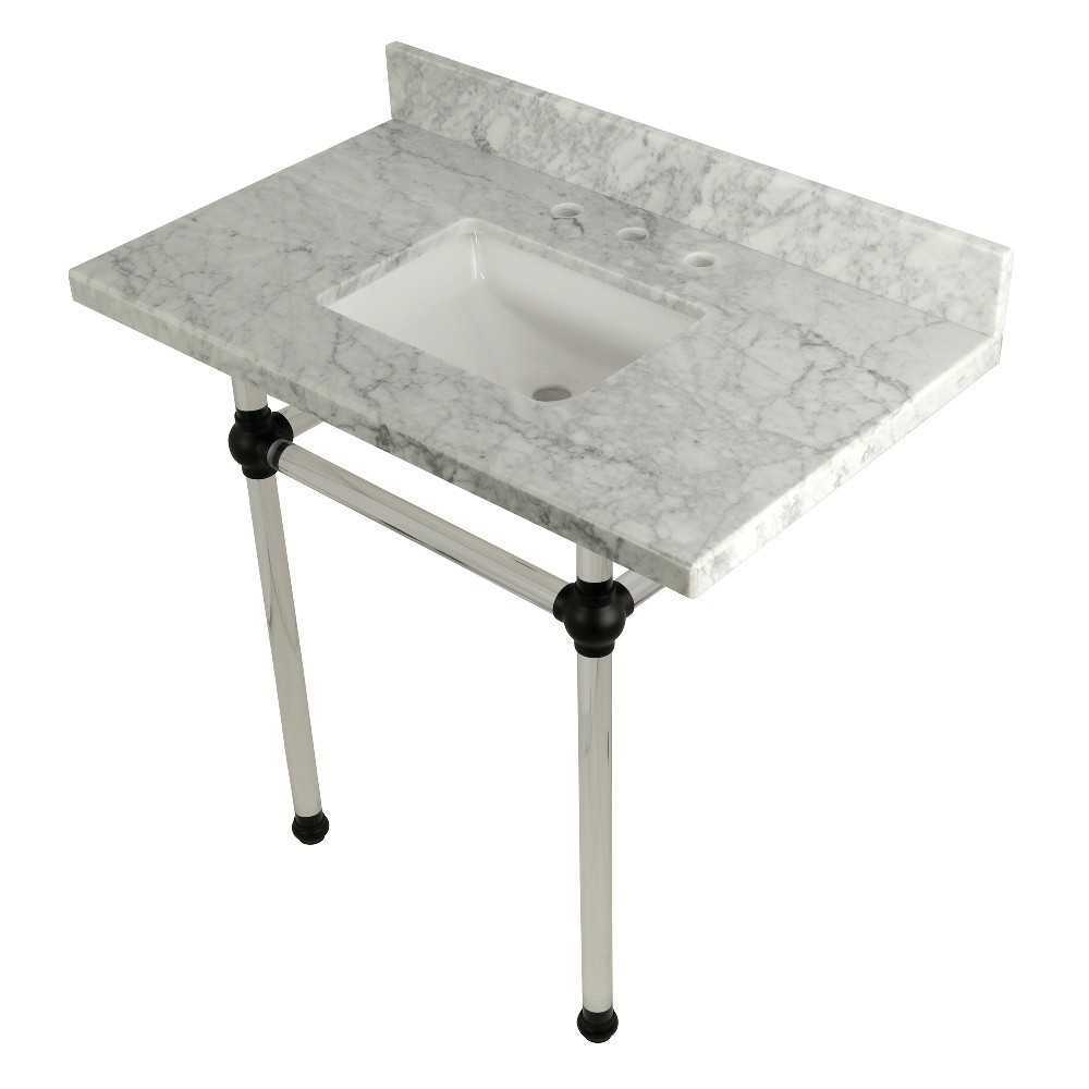 Templeton 30X22 Carrara Marble Vanity Top with Clear Acrylic Feet Combo, Carrara Marble/Matte Black