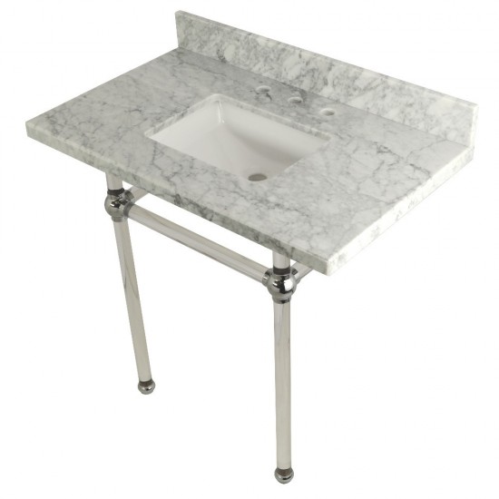 Templeton 36X22 Carrara Marble Vanity Top with Clear Acrylic Feet Combo, Carrara Marble/Polished Chrome