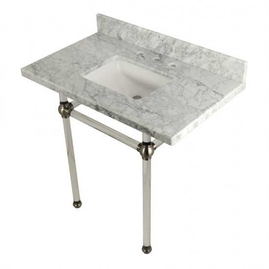 Templeton 36X22 Carrara Marble Vanity Top with Clear Acrylic Feet Combo, Carrara Marble/Brushed Nickel