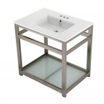 31-Inch Ceramic Console Sink (4-Inch, 3-Hole), White/Brushed Nickel