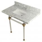 Templeton 36X22 Carrara Marble Vanity Top with Clear Acrylic Feet Combo, Carrara Marble/Brushed Brass