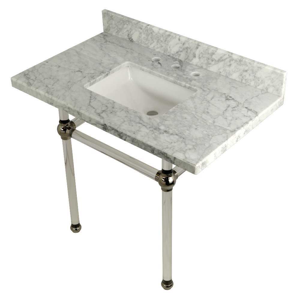 Templeton 36X22 Carrara Marble Vanity Top with Clear Acrylic Feet Combo, Carrara Marble/Polished Nickel