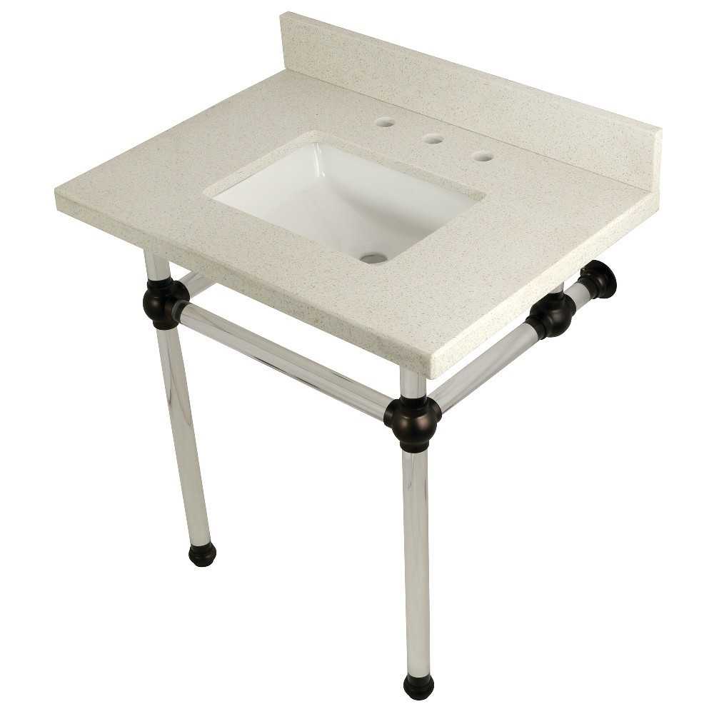 Templeton 30" x 22" White Quartz Console Sink with Clear Acrylic Feet, White Quartz/Oil Rubbed Bronze