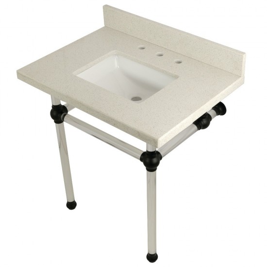 Templeton 30" x 22" White Quartz Console Sink with Clear Acrylic Feet, White Quartz/Matte Black