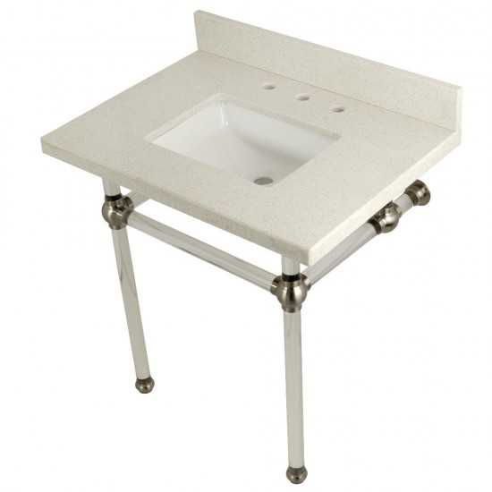 Templeton 30" x 22" White Quartz Console Sink with Clear Acrylic Feet, White Quartz/Brushed Nickel