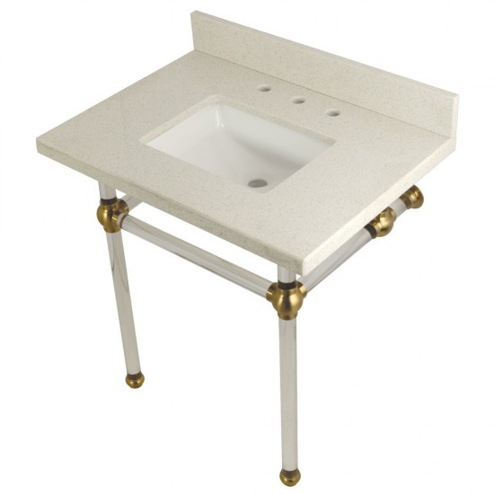Templeton 30" x 22" White Quartz Console Sink with Clear Acrylic Feet, White Quartz/Brushed Brass