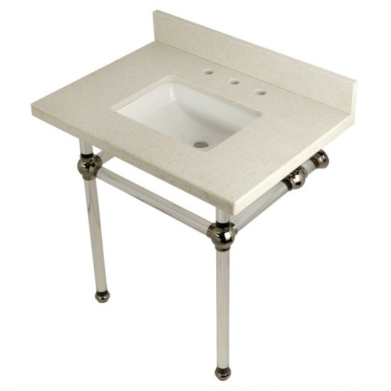 Templeton 30" x 22" White Quartz Console Sink with Clear Acrylic Feet, White Quartz/Polished Nickel