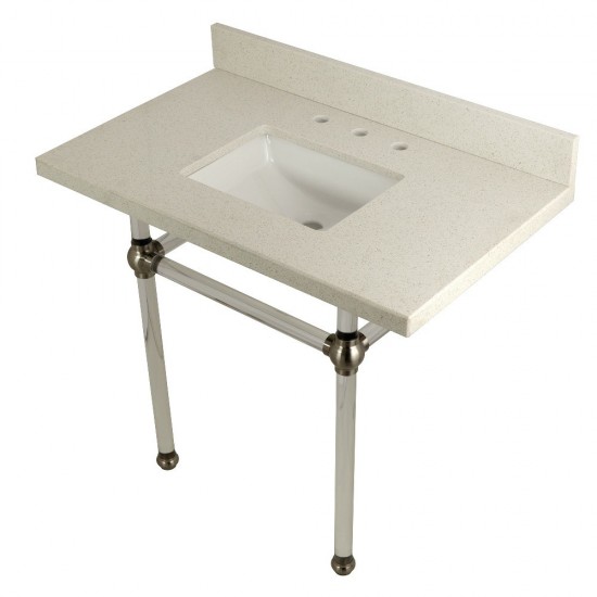Templeton 36" x 22" White Quartz Console Sink with Clear Acrylic Feet, White Quartz/Brushed Nickel