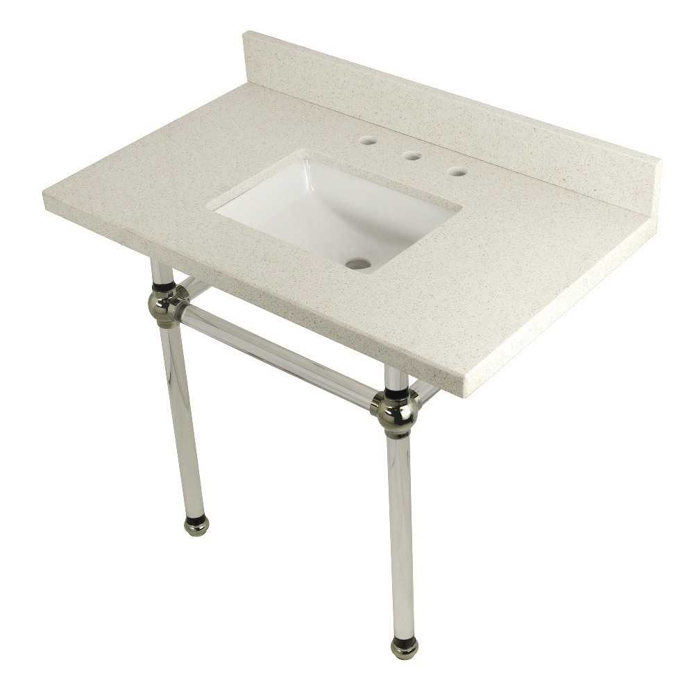 Templeton 36" x 22" White Quartz Console Sink with Clear Acrylic Feet, White Quartz/Polished Nickel