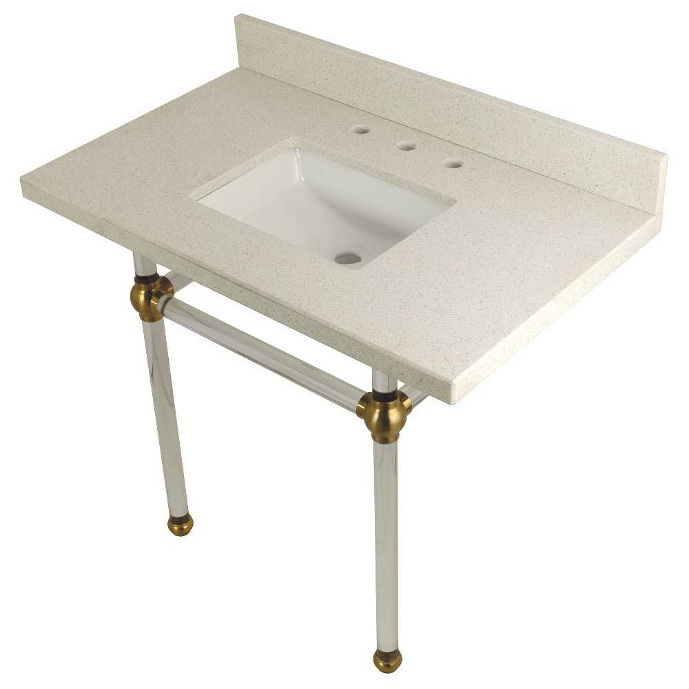 Templeton 36" x 22" White Quartz Console Sink with Clear Acrylic Feet, White Quartz/Brushed Brass