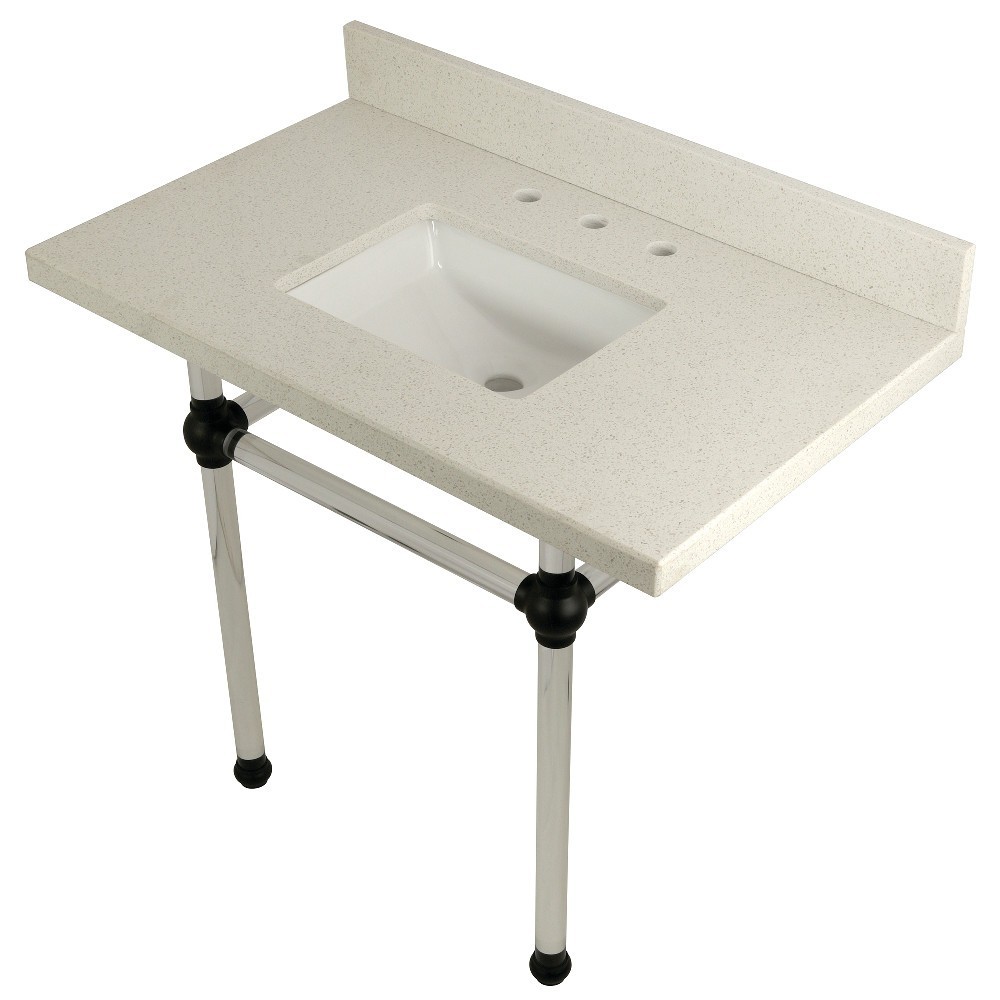 Templeton 36" x 22" White Quartz Console Sink with Clear Acrylic Feet, White Quartz/Matte Black
