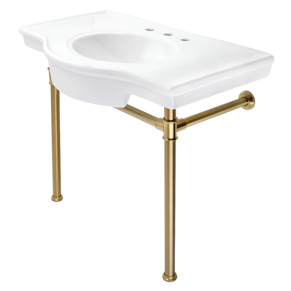 Fauceture Templeton 37" Ceramic Console Table with Stainless Steel Legs, White/Brushed Brass