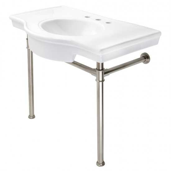 Fauceture Templeton 37" Ceramic Console Table with Stainless Steel Legs, White/Brushed Nickel