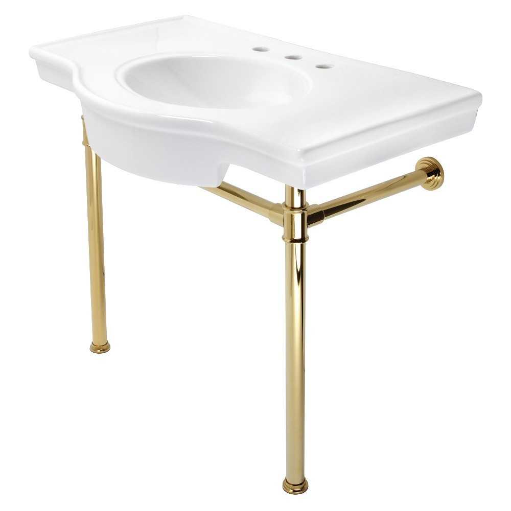 Fauceture Templeton 37" Ceramic Console Table with Stainless Steel Legs, White/Polished Brass