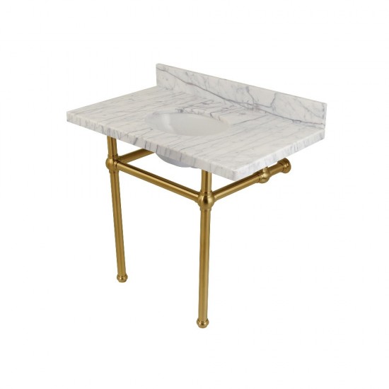 Templeton 36X22 Carrara Marble Vanity Top with Brass Feet Combo, Carrara Marble/Brushed Brass