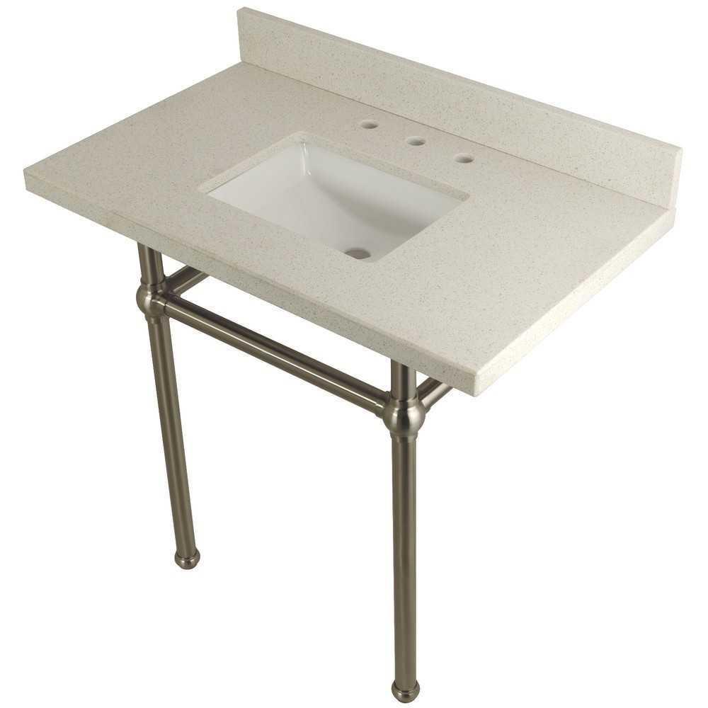 Templeton 36" x 22" White Quartz Console Sink with Brass Feet, White Quartz/Brushed Nickel
