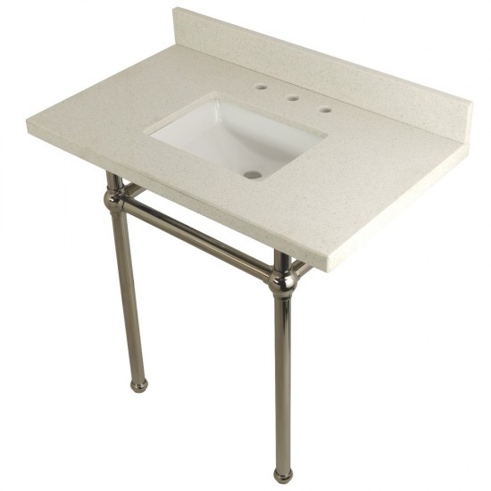 Templeton 36" x 22" White Quartz Console Sink with Brass Feet, White Quartz/Polished Nickel