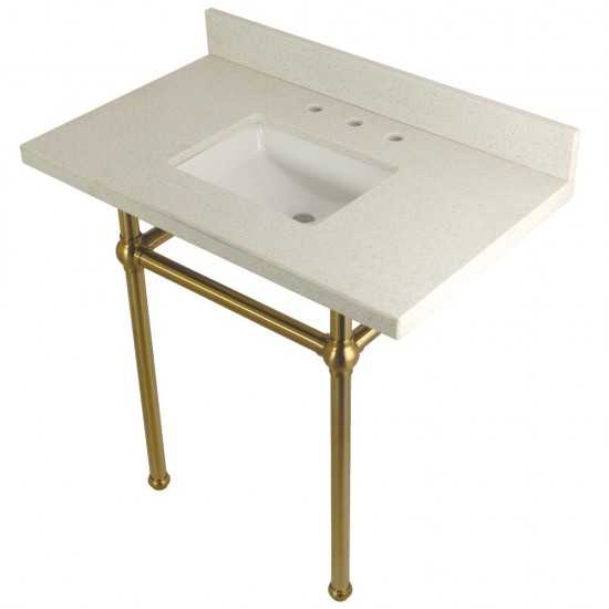 Templeton 36" x 22" White Quartz Console Sink with Brass Feet, White Quartz/Brushed Brass