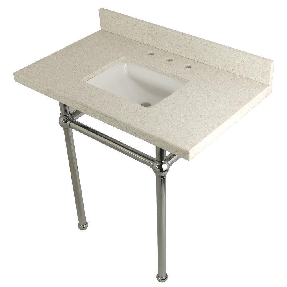 Templeton 36" x 22" White Quartz Console Sink with Brass Feet, White Quartz/Polished Chrome