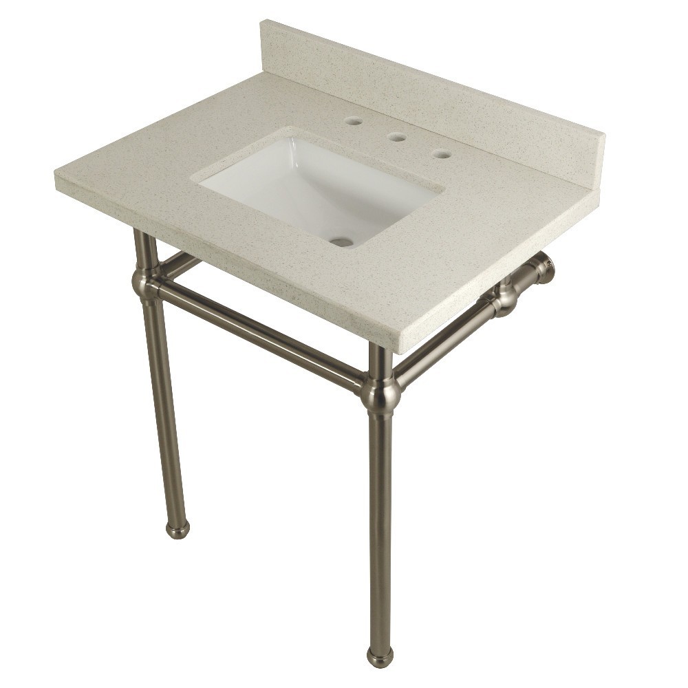 Templeton 30" x 22" White Quartz Console Sink with Brass Feet, White Quartz/Brushed Nickel