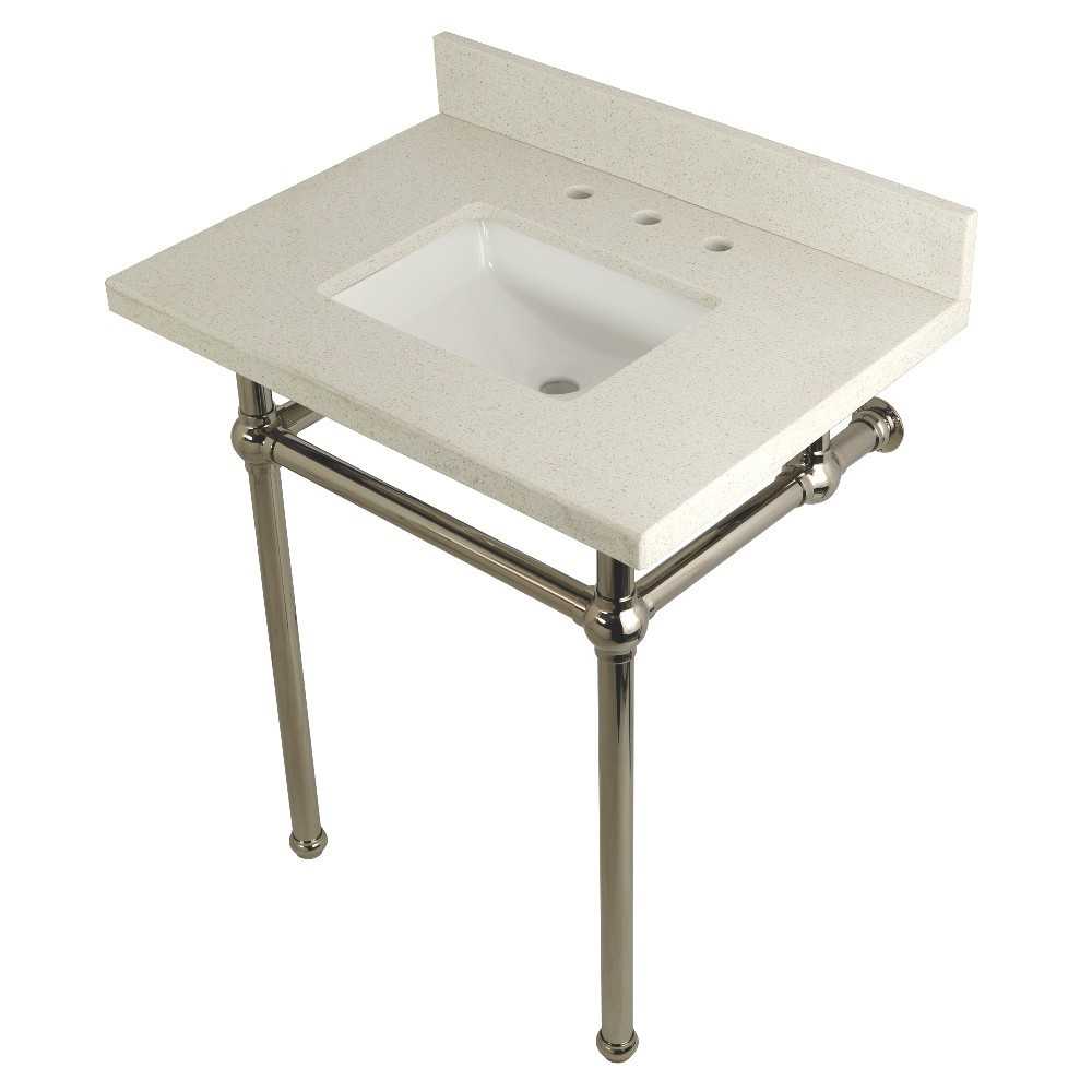 Templeton 30" x 22" White Quartz Console Sink with Brass Feet, White Quartz/Polished Nickel